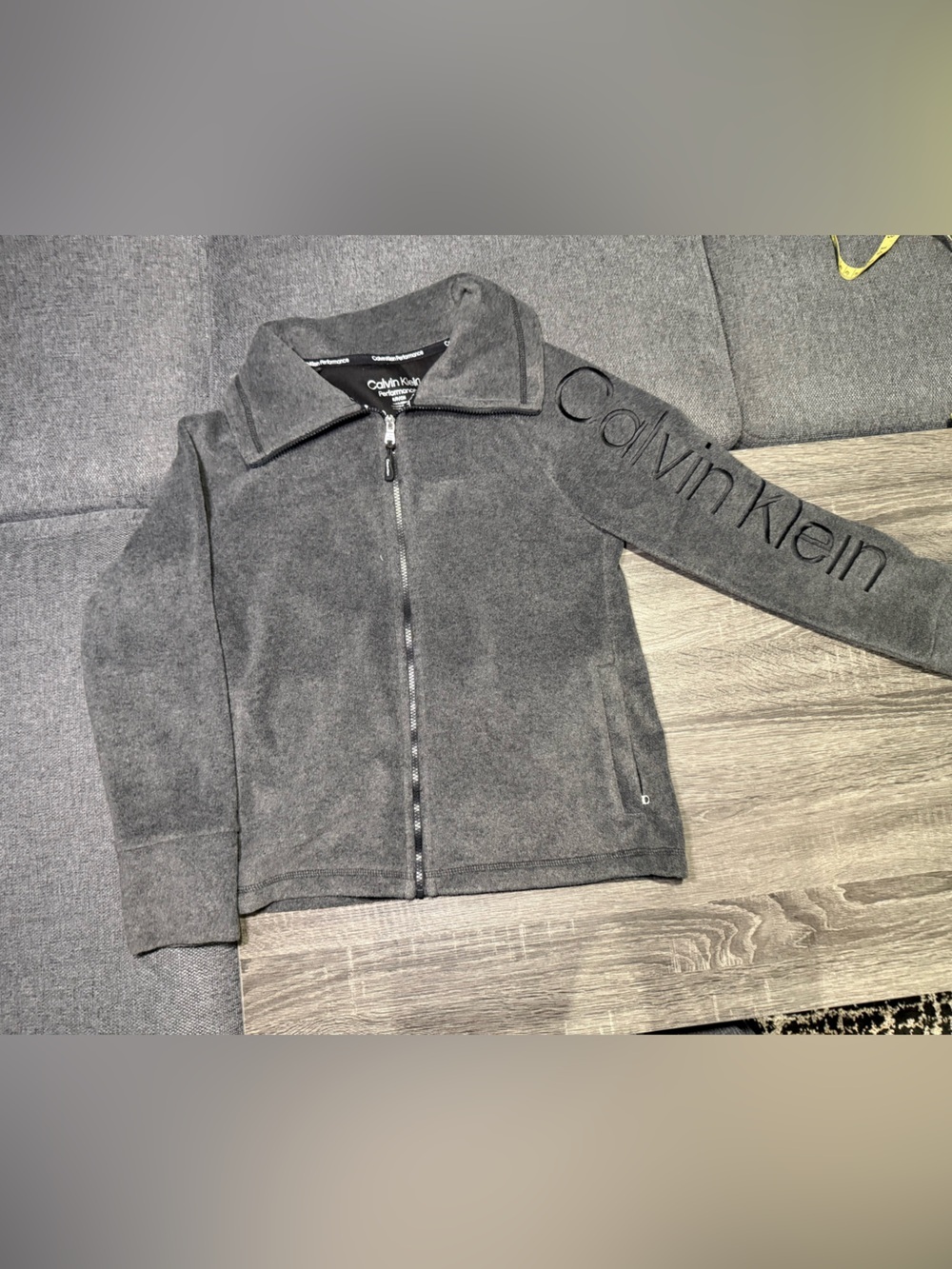 Calvin Klein Gray Zippered Fleece Jacket with Sleeve Logo - Picture 2 of 15